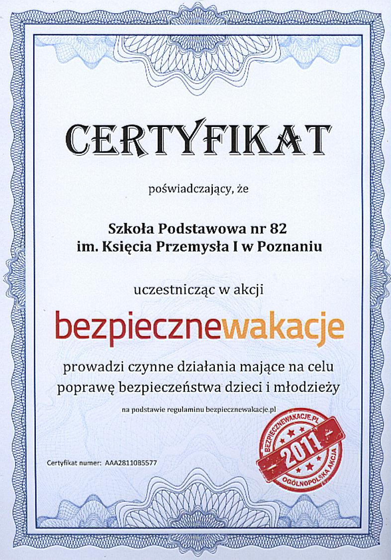 Certyfikat uczestnictwa w akcji "Bezpieczne Wakacje", 2011