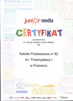 Certyfikat uczestnictwa w I edycji projektu Junior Media